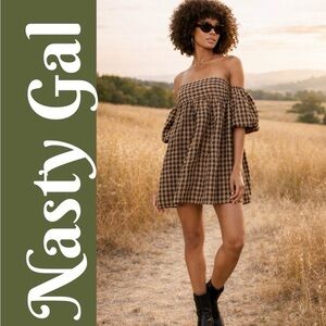 NWT Nasty Gal Brown Gingham Puff Sleeve Bardot Mini Smock Dress US Size 10